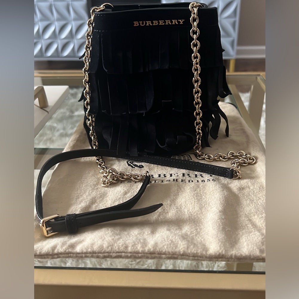 BURBERRY
Mini Fringe Suede Crossbody Bucket Bag Black